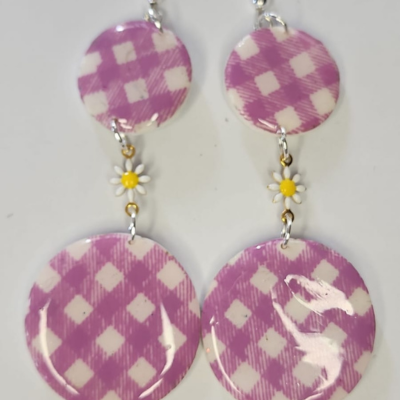Lilac Checkered Earrings with Daisy charm