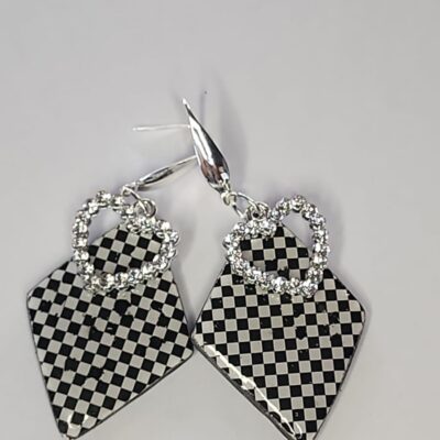 Black Square with Diamante Heart Charm Earrings