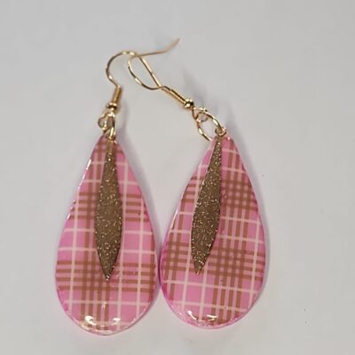 Pink Checked With Gold Leaf Charm Earrings