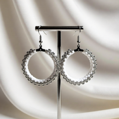 White with Clear Bead Hoop Earrings